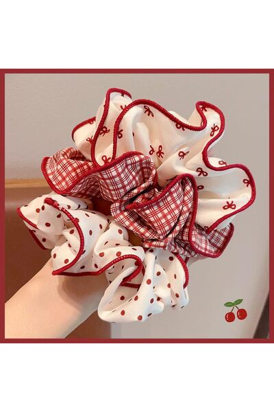 Arabest 3-Piece Scrunchies Set,Red Polka Dot Bow Plaid Print Soft Hair Bands,...