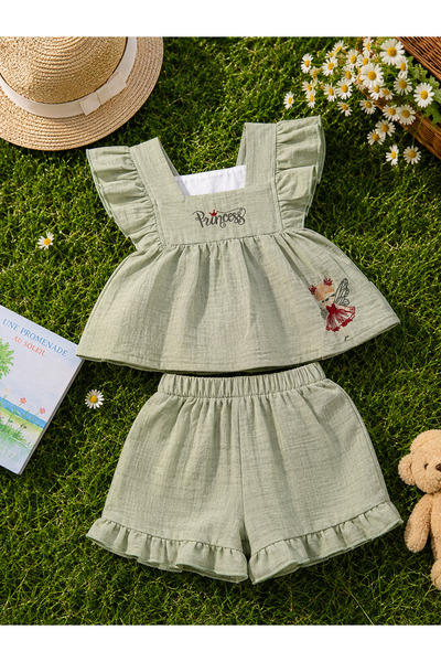 MASAL BEBE KİDS PRENSES İŞLEMELİ MÜSLİN ALT ÜST TAKIM
