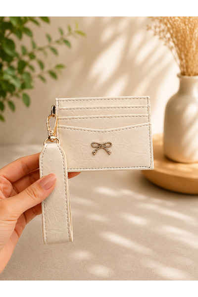 Sellini Women's Card Holder with Keychain and Bow Detail, Cream
