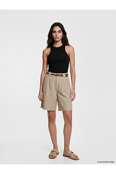 LC Waikiki Brown Waist Belted Linen Blend Women's Shorts