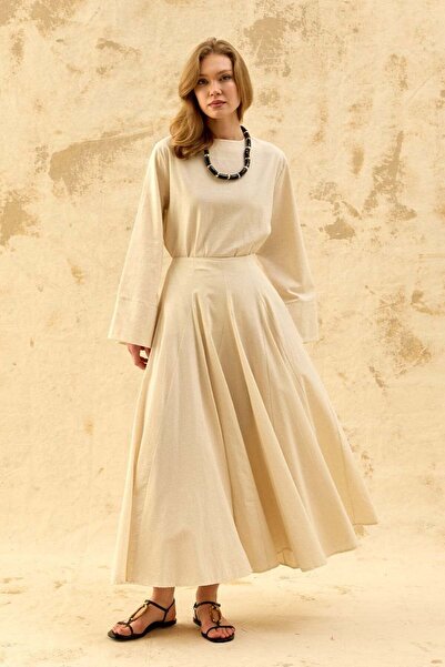 Ceylan Otantik Cream Organic Linen Piece Skirt