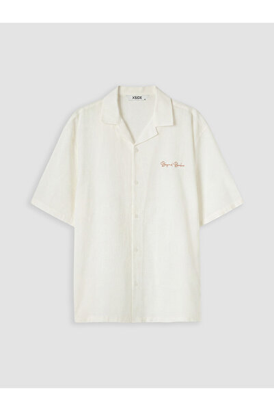 LC Waikiki White Relax Fit Embroidered Resort Collar Men's Shirt