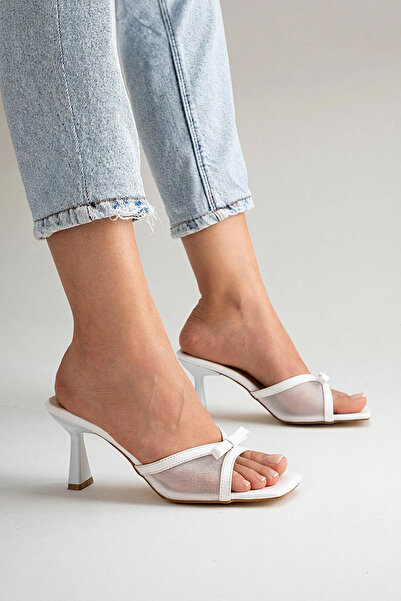 AleWomen White Matte Patent Leather Tulle Detailed 8 cm Heeled Asp Women's Sl...