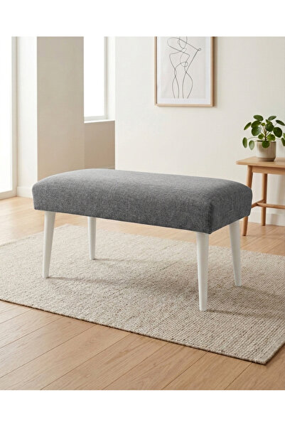 Azra Aksesuar Gri Keten Kumaş Bench Puf 90x45x46 cm Ahşap Beyaz Ayaklı Demont...