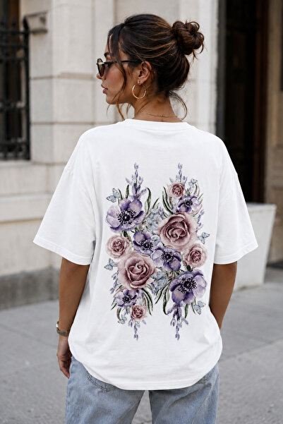 ArtYus Flower Bouquet Back Print Unisex Oversize T-Shirt – Cotton Crew Neck C...