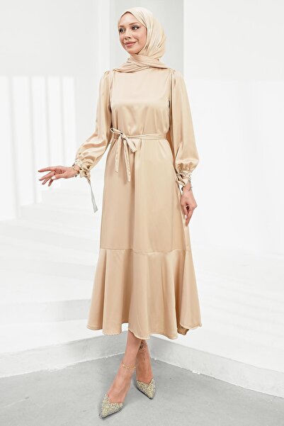 İmajButik Light Beige Stone Detailed Skirt with Flounces Satin Evening Dress