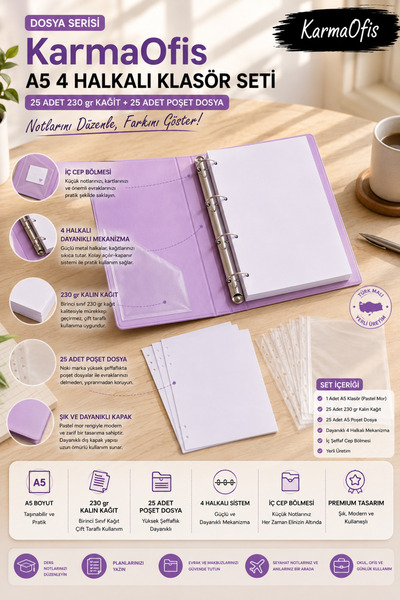 KarmaOfis A5 Lilac 4-Ring Folder Set 25 Pieces 230 Gr Cardboard Paper + 25 Po...