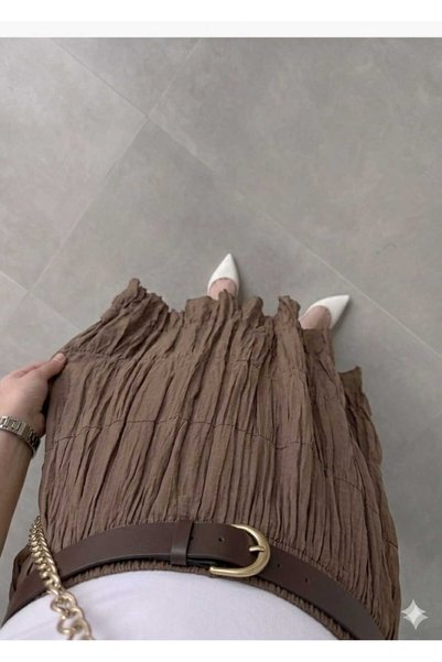QUAWEAR Beli Lastikli Kemerli Kat Kat Tensel Kırışık Etek