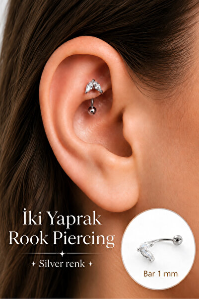 Sacce Scarves&Accessories Zirkon Taşlı İki Yaprak Rook Piercing Çelik Bar 1 mm