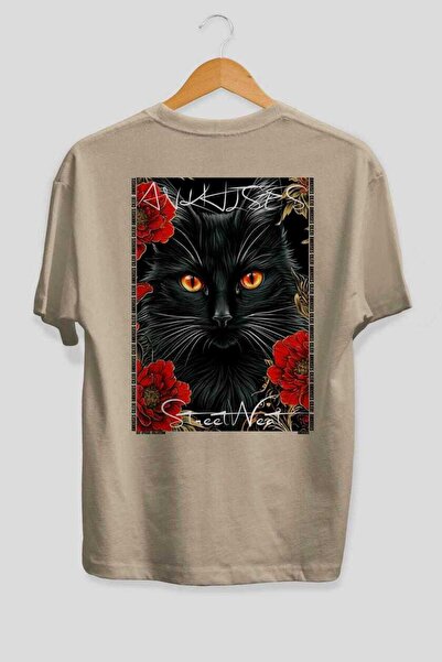 Ankhises For the Love of Cats 10 Cats Printed Beige Oversize T-Shirt 100% Cot...