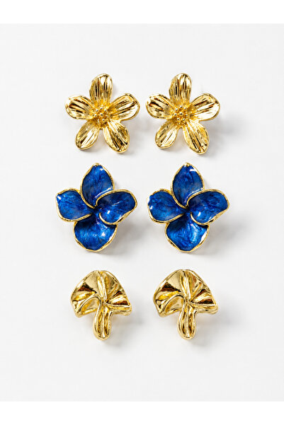 MRK 3 Pairs Earring Set Blue Enamel Flower Asymmetric Earrings