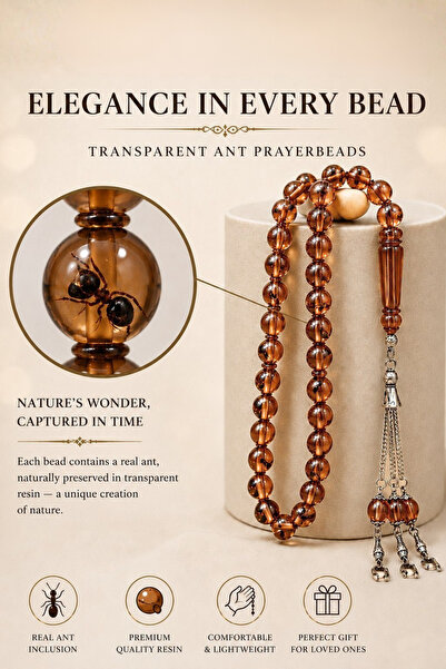 NAMAT High Quality Powder Amber Ant Inside Round Shape 33 Bead Rosary For Zikar