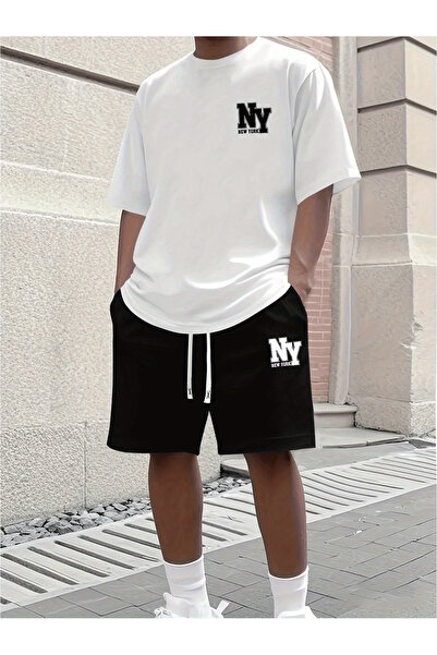 ship master Men's Oversize Ny New York Logo Printed T-Shirt Shorts Set 100% C...