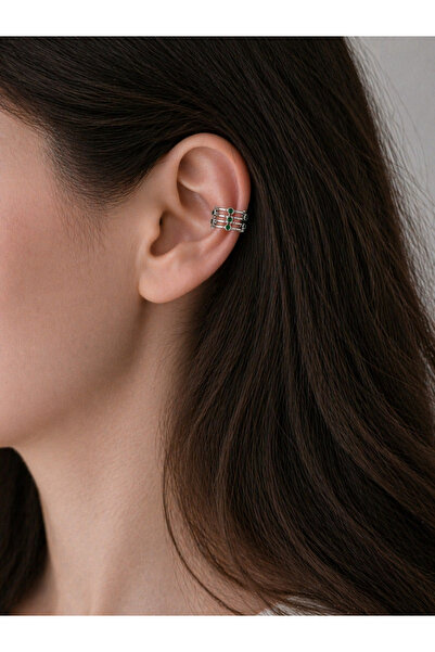 Üç Sıra Yeşil Taşlı Gümüş Kıkırdak Küpe Earcuff