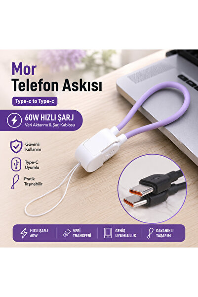 silabor Type-C Veri ve Şarj Kablosu | Telefon Askısı Özellikli | Hızlı Şarj U...