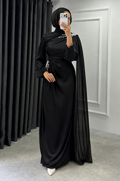 Abiye Diyarı Diores Stone Detailed Cape Janjan Fabric Hijab Evening Dress - B...