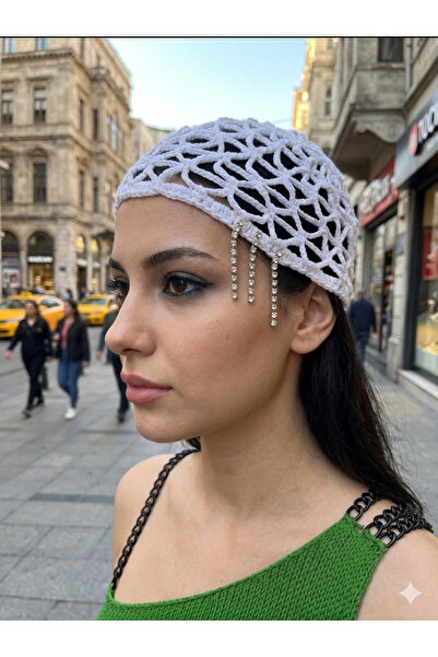 Tasarım Kişiye özel taş püsküllü pullu koton iple elde örülmüş şapka