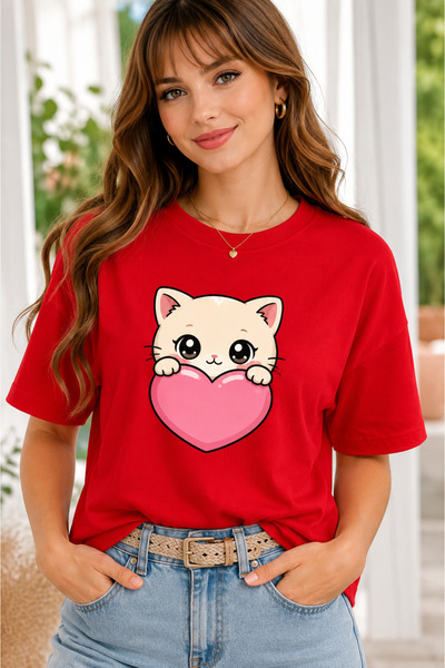 VODEXA Women's Oversize T-Shirt Hearted Cat Printed 100% Cotton T-Shirt Comfo...