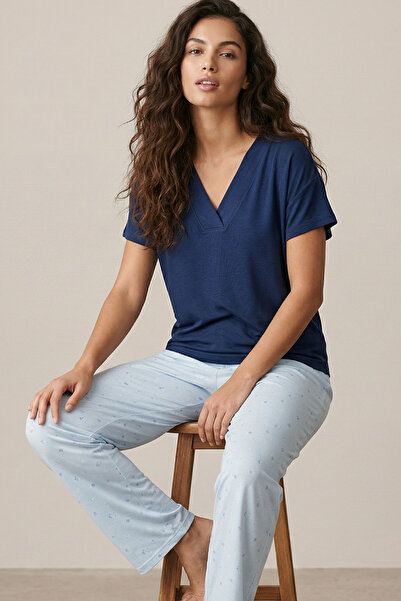 Siyah İnci Navy Blue Patterned Viscose Knitted Pajama Set26120791