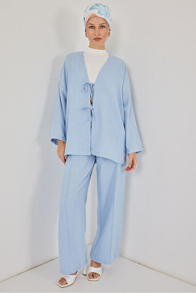 Merterium Women's Linen Kimono Double Set - Blue 1003