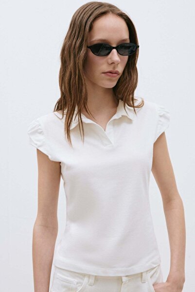 Suud Collection Ecru Joan Fit Polo Neck T-Shirt