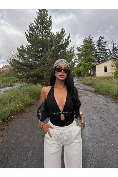 kırmızı butiks Siyah Göbek Pencereli Droplu Bluz