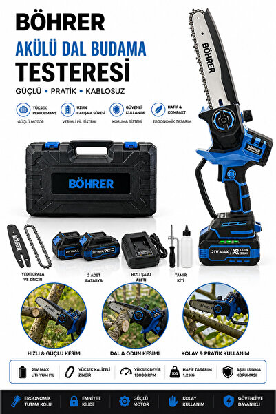BÖHRER PRO DİJİTAL GÖSTERGELİ 21V 2AH 8'' 20CM ÇİFT BATARYALI AKÜLÜ BUDAMA TE...