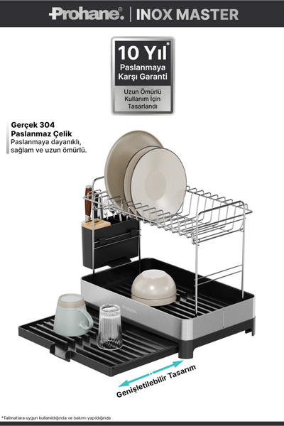 prohane INOX MASTER KD400 | Genişletilebilir 2 Katlı Bulaşıklık | 304 Paslanm...