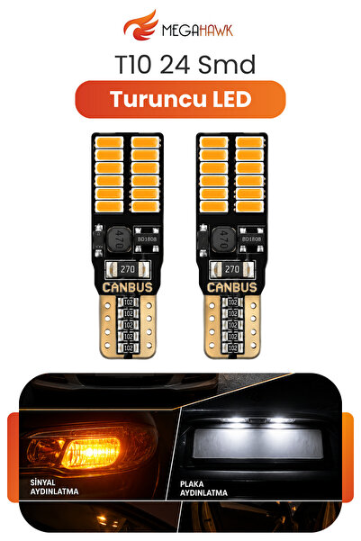 MEGAHAWK T10 W5W 24 SMD Canbus Turuncu LED Ampul Sinyal Park İç Aydınlatma 2 ...