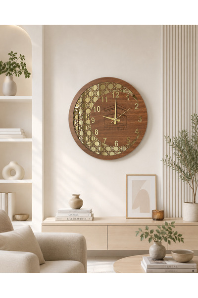 MORPELA Kabe Desenli Dekoratif Duvar Saati 40 Cm – Ceviz MDF Gövde Gold Pleks...