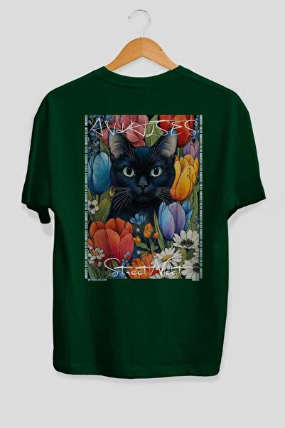 Ankhises For the Love of Cats 63 Cats Printed Green Oversize T-Shirt 100% Cot...