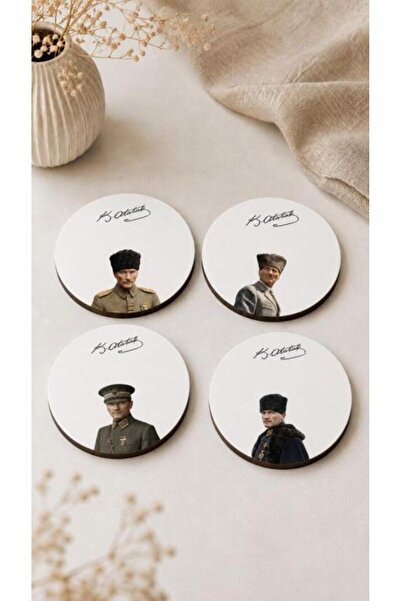 nesnelgift مجموعة من 4 قواعد أكواب أتاتورك مقاس 9 سم، 3 مم من خشب MDF، طباعة ...