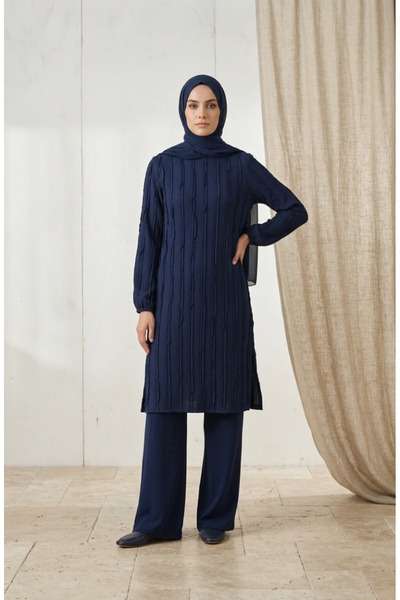 sefamerve Ruffle Detailed Tunic 0553-01 Navy Blue
