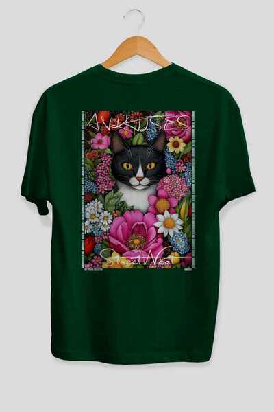 Ankhises For the Love of Cats 16 Cats Printed Green Oversize T-Shirt 100% Cot...