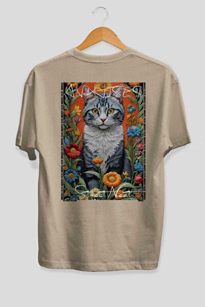 Ankhises For the Love of Cats 76 Cat Printed Beige Oversize T-Shirt 100% Cott...