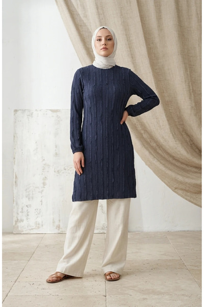 sefamerve Ruffle Detailed Tunic 0553-02 Light Navy Blue