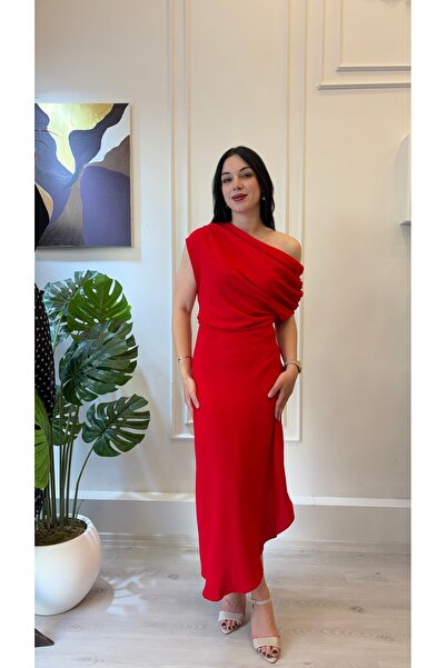 SHIN Butik SHIN Kırmızı Madonna Yaka Drapeli Midi Elbise