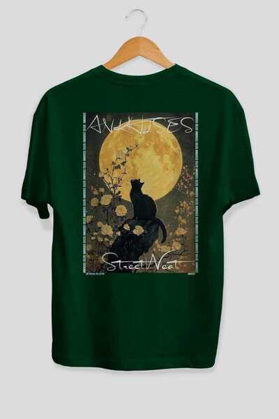Ankhises 90 Cats for Cat Lovers Printed Green Oversize T-Shirt 100% Cotton Un...