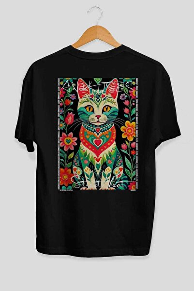 Ankhises For the Sake of Cats 18 Cats Printed Black Oversize T-Shirt 100% Cot...