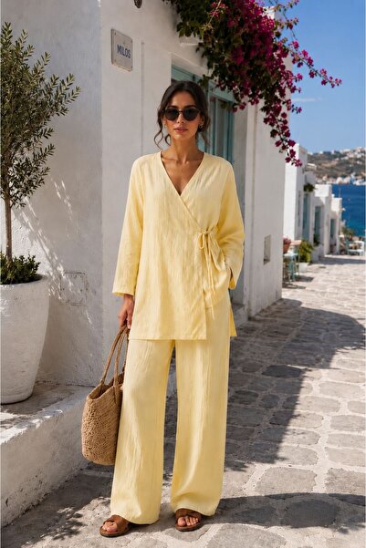 Wise&Go Store Kadın Sarı Kruvaze Yaka Bağlama Detaylı İkili Takım