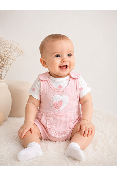 Uğur bebe Baby Girl 3-Piece Pink Color Hearted Romper Set 100% Cotton Snap-On...