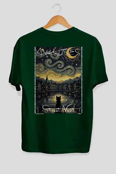 Ankhises For the Sake of Cats 67 Cats Printed Green Oversize T-Shirt 100% Cot...