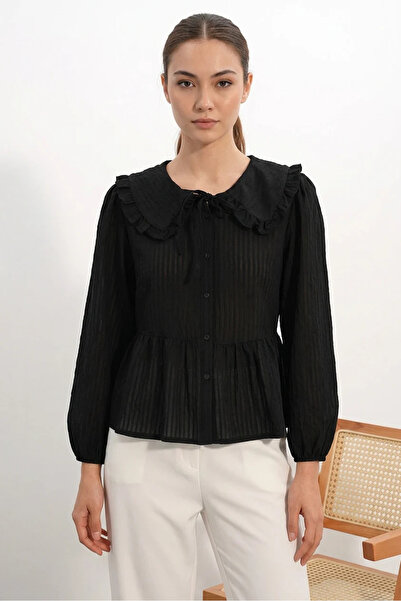 buğrahayalin Women's Baby Collar Gathered Ruffle Sleeve Black Shirt