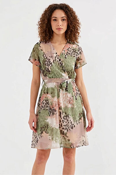buğrahayalin Women's V-Neck Belted Short Sleeve Patterned Chiffon Green Dress