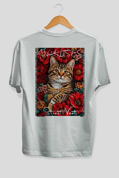 Ankhises 1 Cat for the Love of Cats Printed White Oversize T-Shirt 100% Cotto...