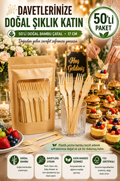 OpenCity 50'li Doğal Bambu Çatal 17 cm Kullan At Parti Davet Piknik Baby Show...