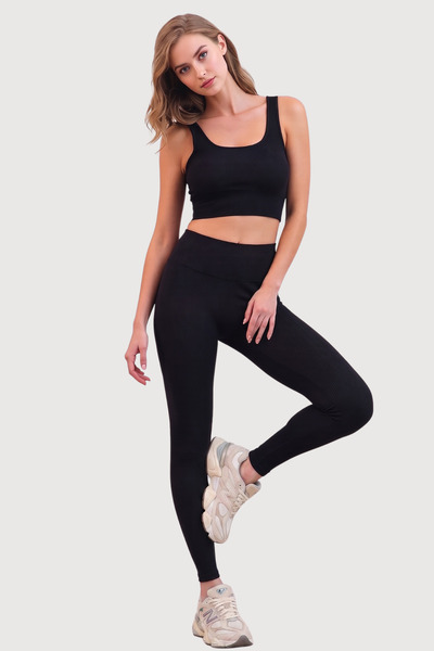 Pearlune Women's Ribbed High Waist Gathering Sports Leggings & Bustier Two-Pi...