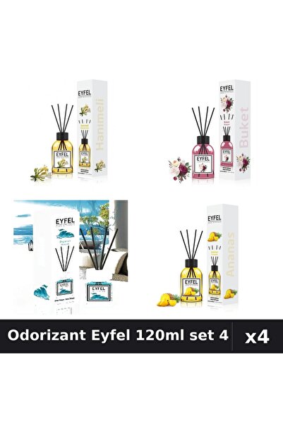 Eyfel Set 4 Odorizant Cameră Betișoare 120ml - Ananas, Bouquet, Ocean, Mâna M...