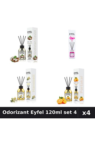 Eyfel Set 4 Odorizant Cameră Betișoare 120ml - Nuc Cocos, Bubble Gum, Portocală