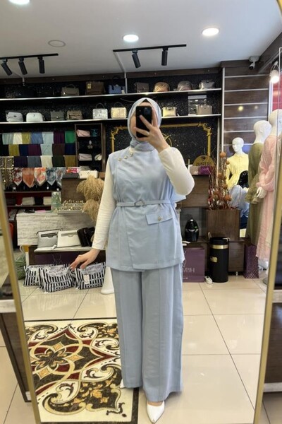 HÜMEYRA BUTİK Belt and Button Detailed Vest and Trouser Set